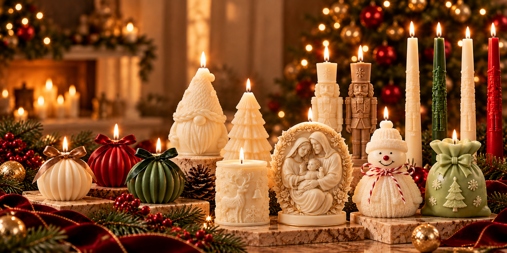 Velas em formato de árvores em uma composição de Natal