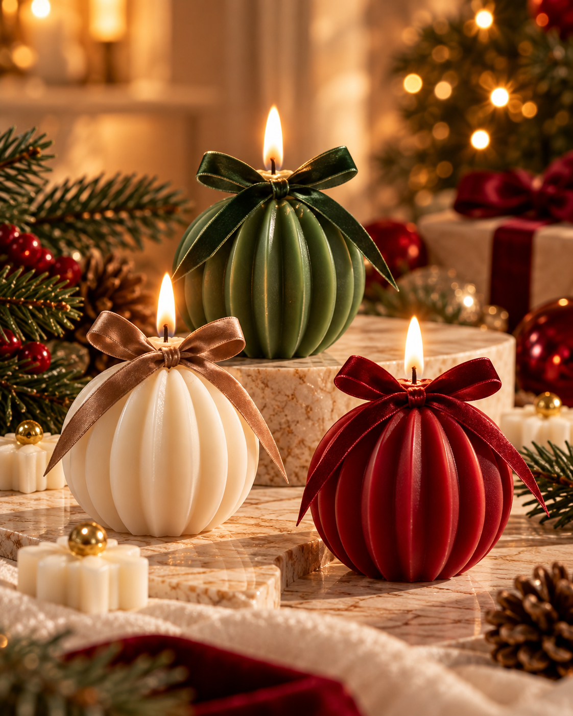 Velas Bola de Natal caneladas com laço