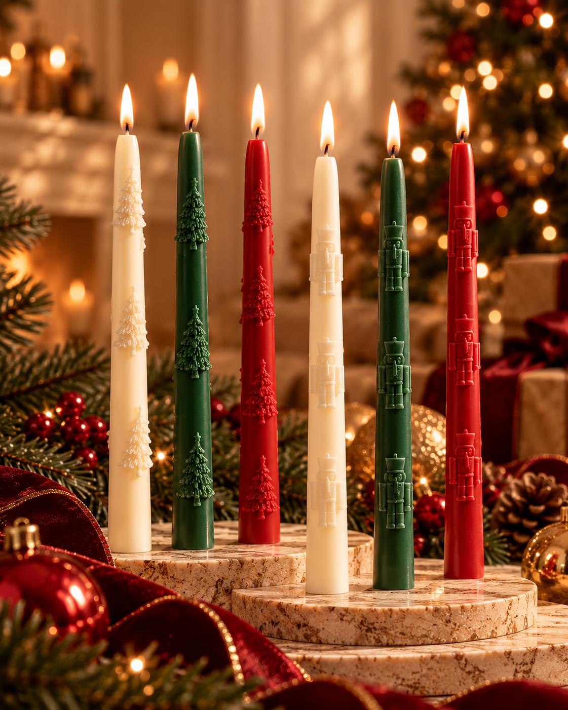 Velas Cônicas de Natal com pinheiros e Quebra-Nozes em relevo